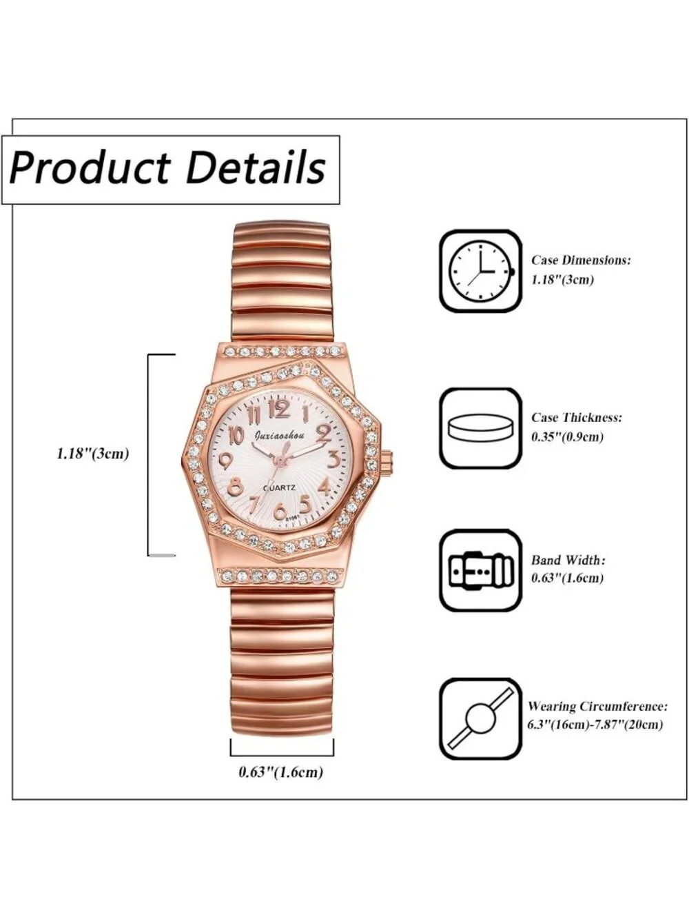 Women's Rose Gold Analog Quartz Bling Elastic Stretch Band Octagonal Wrist Watch